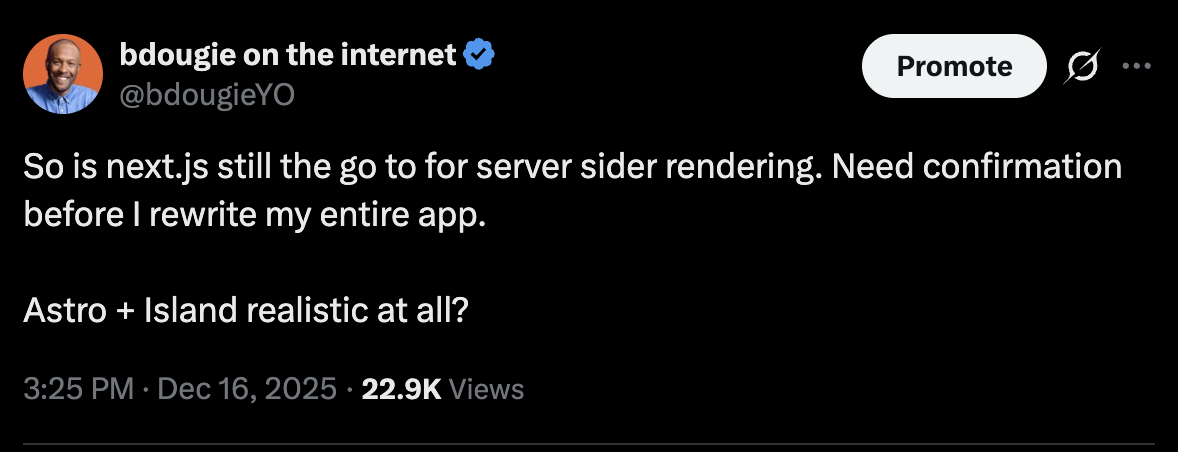 Tweet about Next.js vs Astro for SSR